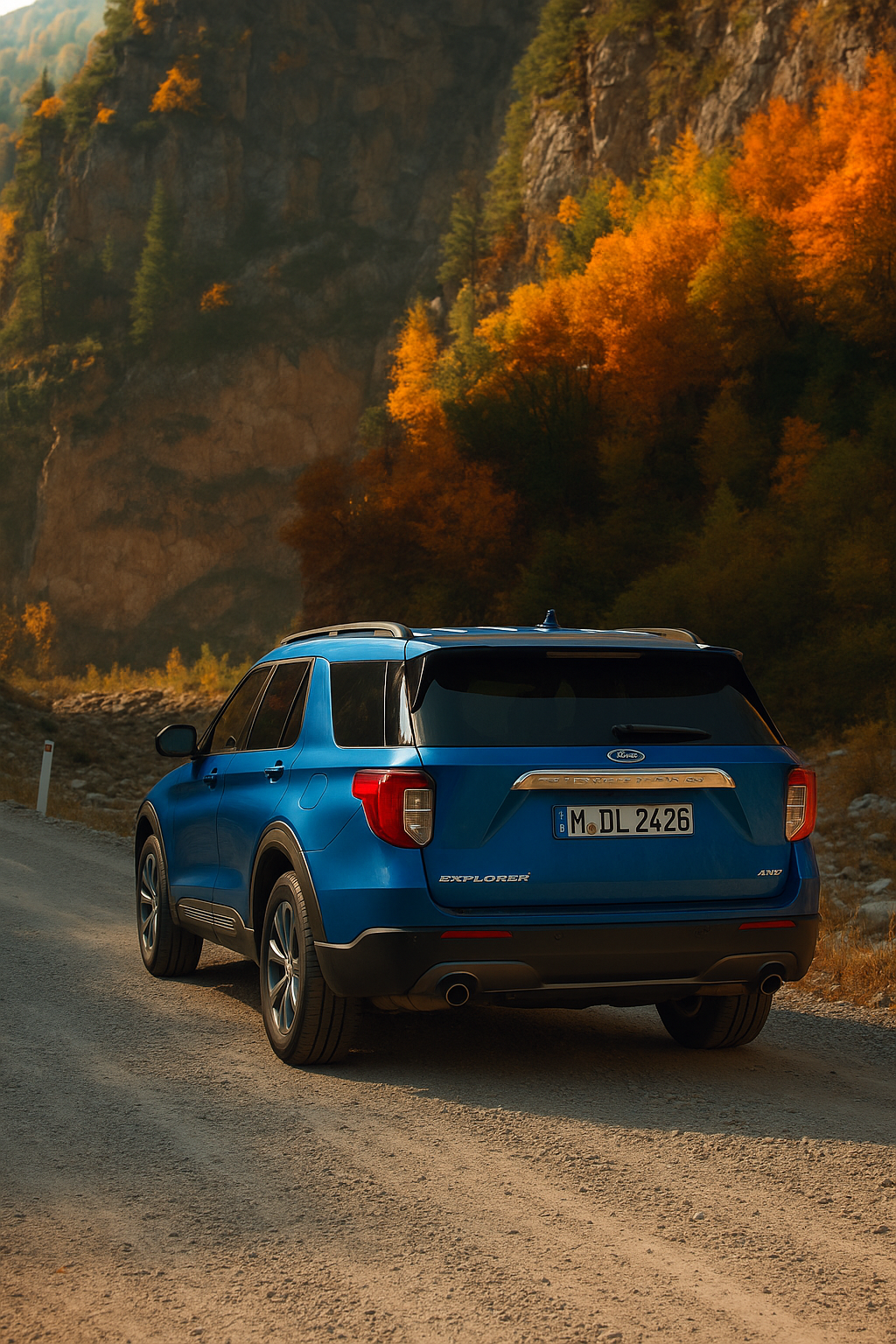 Ein blaues Auto auf einem Schotterweg vor einem Berg mit Laub in Herbtsfarben.