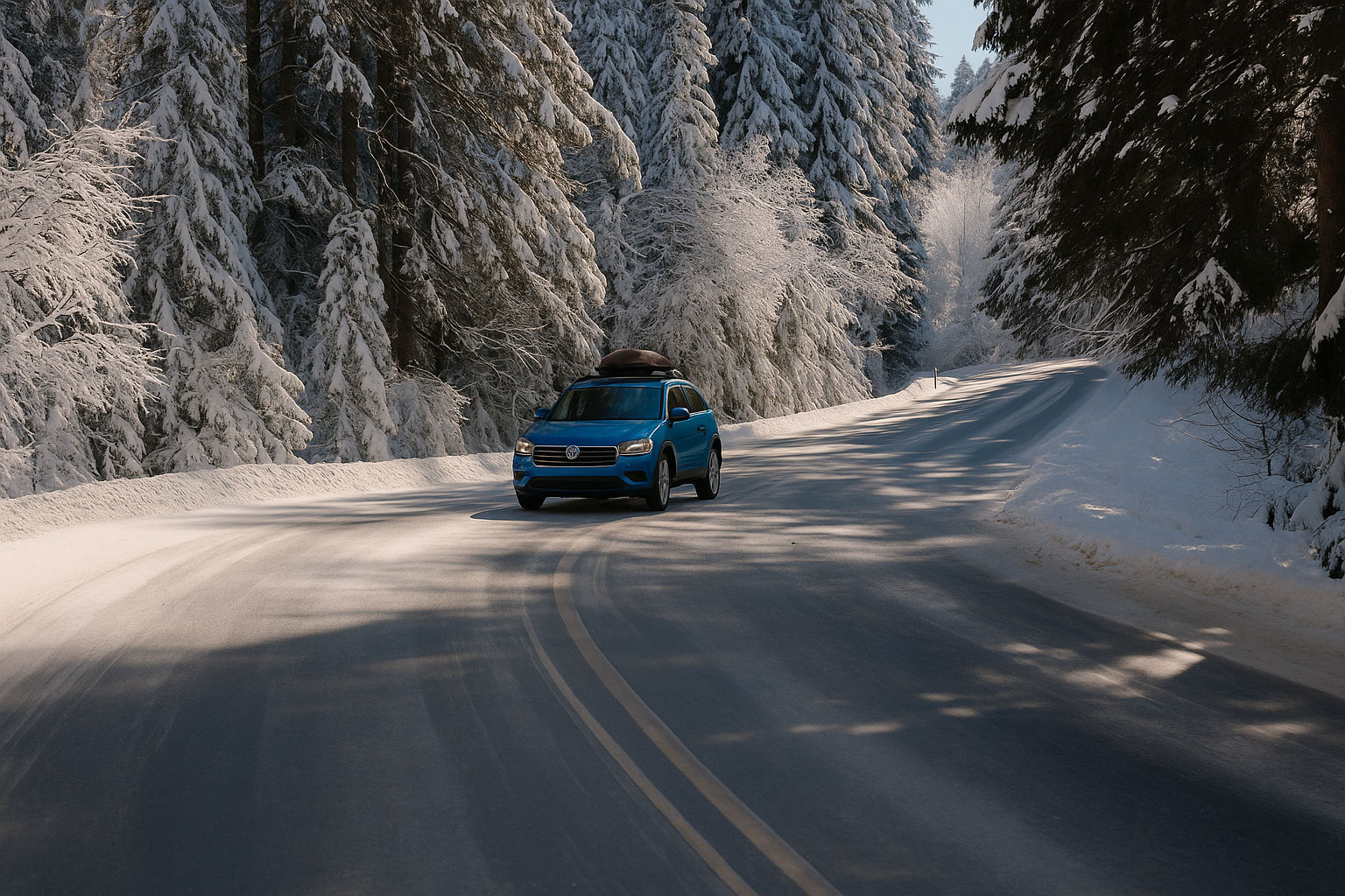 Ein blaues Auto durchfährt eine Winterlandschaft mit verschneiten Nadelbäumen.