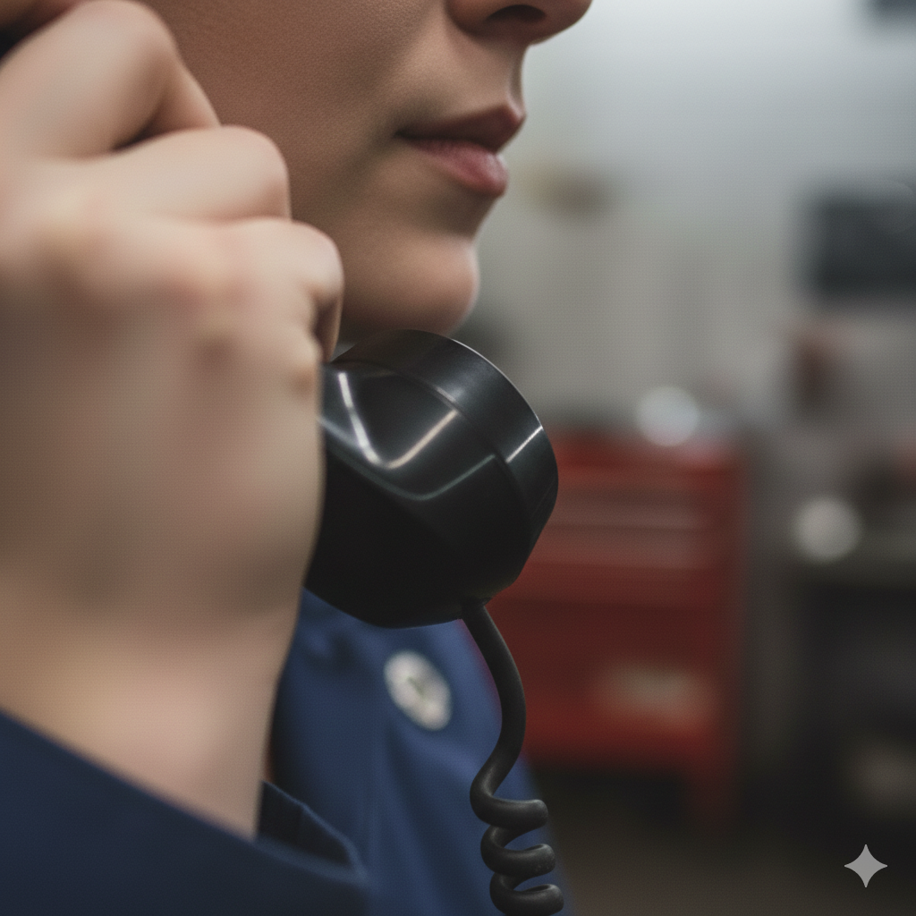 Ein Frau hält einen Telefonhörer an ihr Ohr in einer Werkstatt.